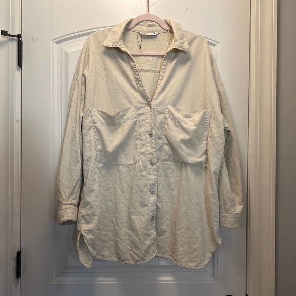 Zara‎ Women's Button Down Long Sleeve V-Neck Big Pocket Top Shirt Sz L Beige NEW - Picture 1 of 5